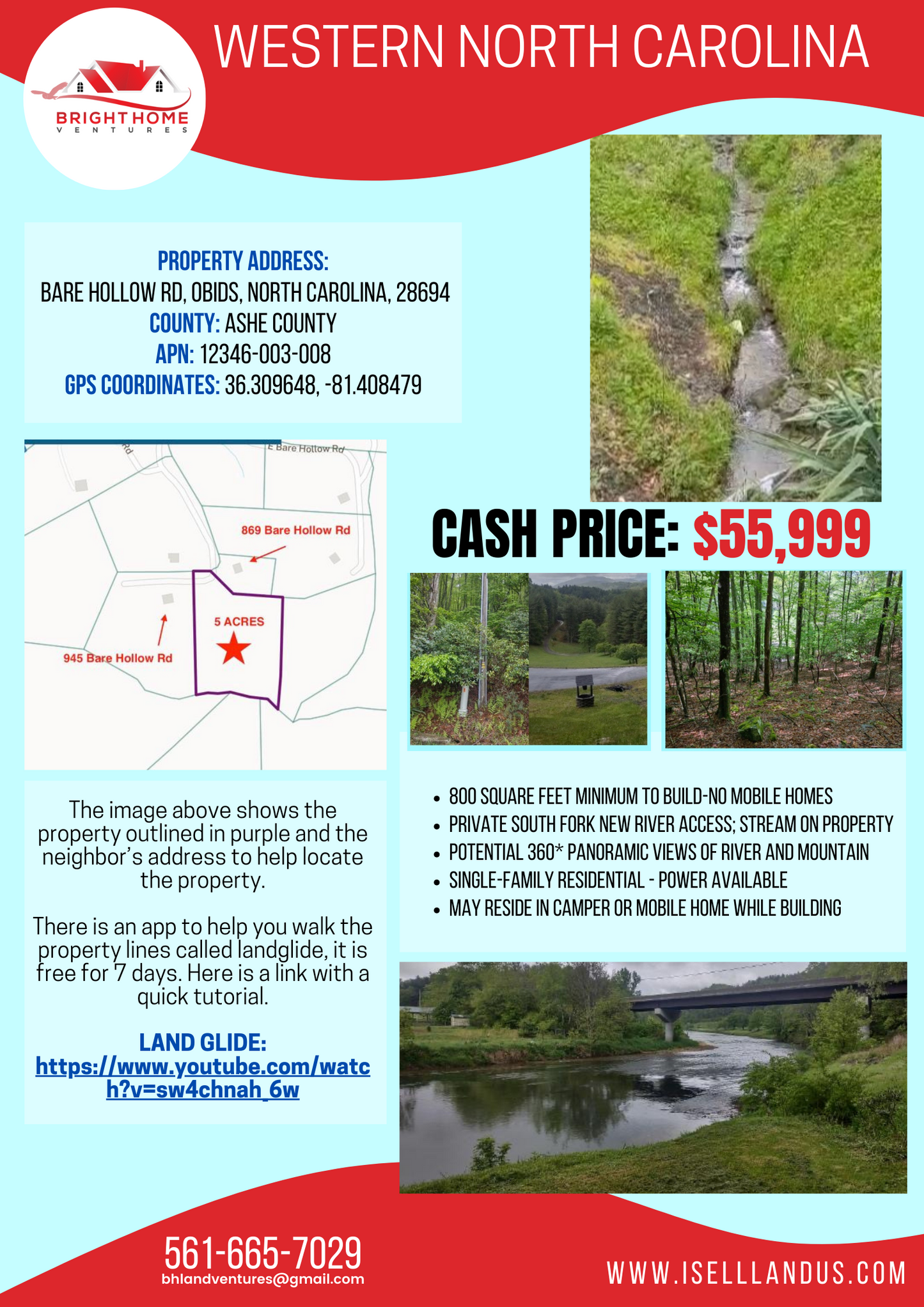 Spectacular river and mountain views * Ashe County, NC * 5 acres * Cash price $74,997 * Call or text now! 561-665-7029