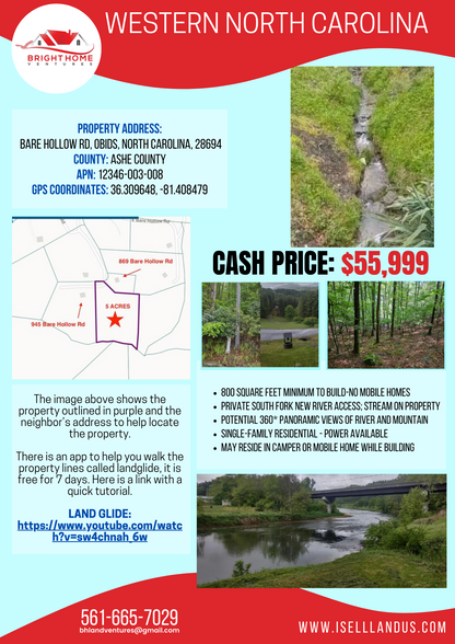 Spectacular river and mountain views * Ashe County, NC * 5 acres * Cash price $74,997 * Call or text now! 561-665-7029